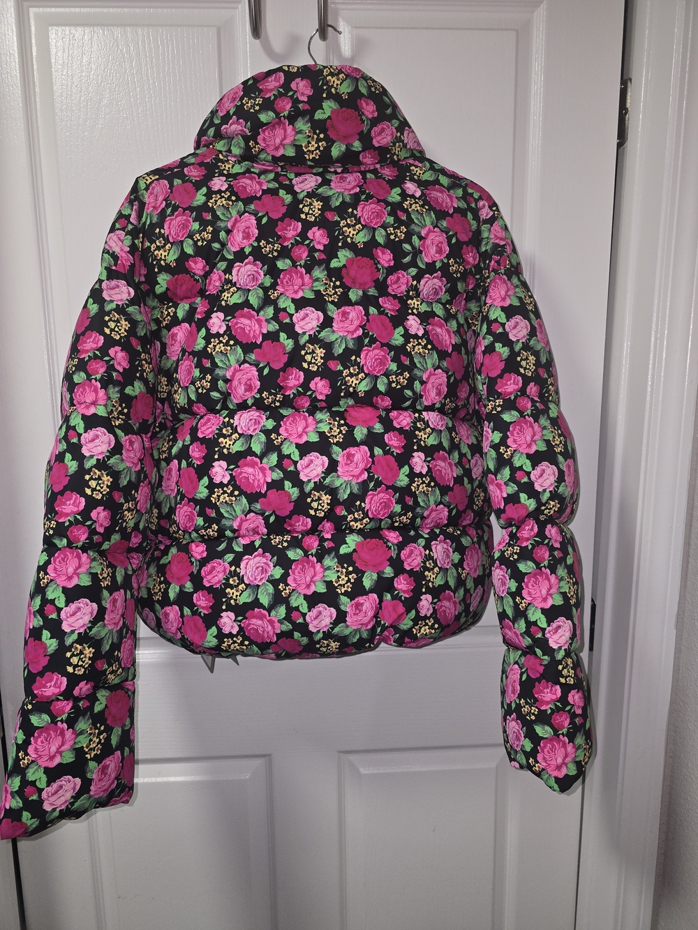 Balenciaga Black Floral Puffer Jacket with Pink Roses